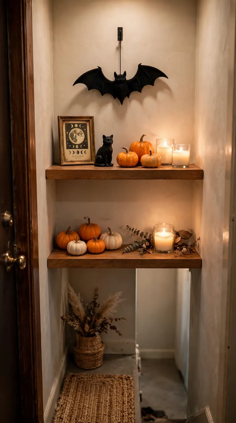 Floating shelf with mini Halloween decor in small entryway