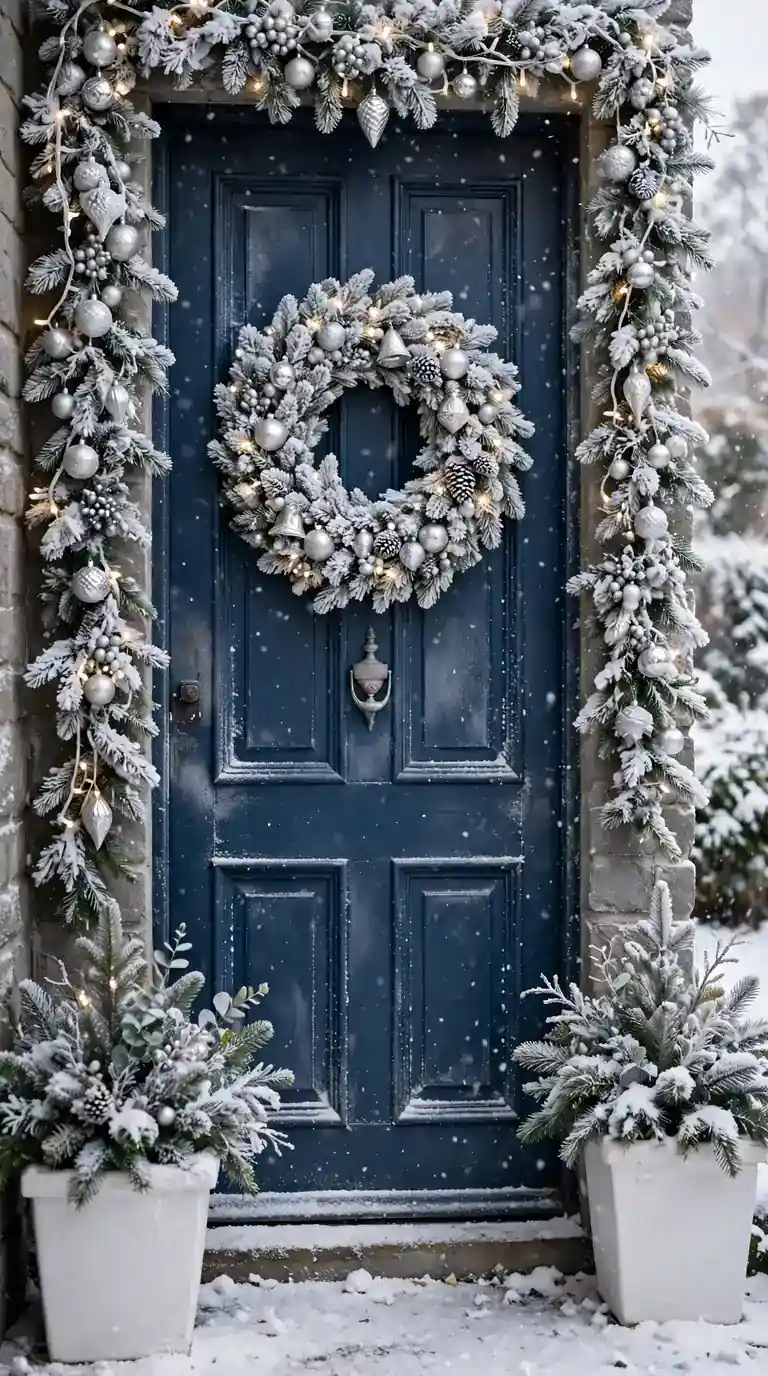 17 Christmas Front Door Decor Ideas That Welcome Guests Warmly Frosted white and silver Christmas front door with snowy garland