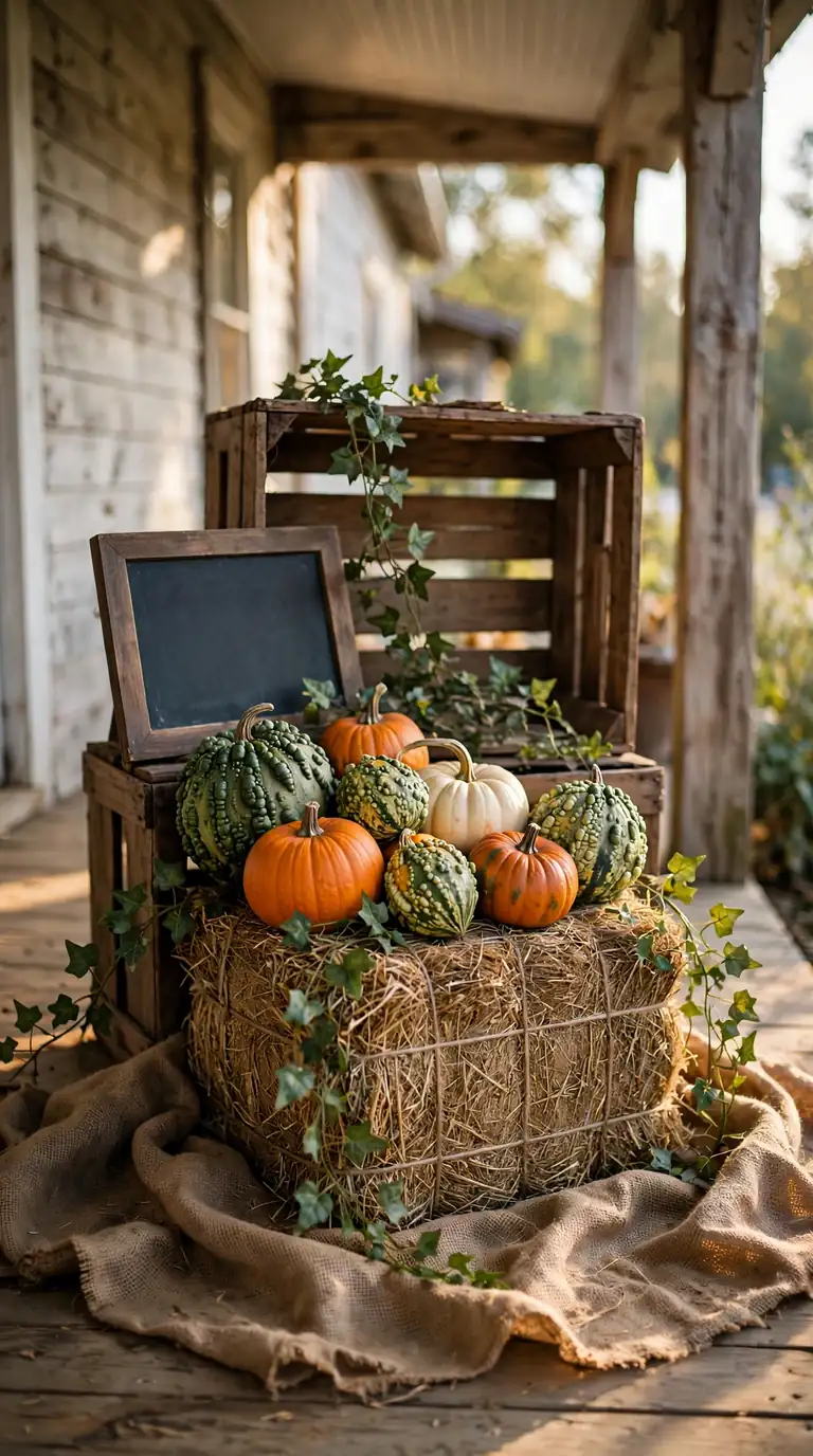 fall porch decorating ideas with a hay bale stacked with pumpkins and gourds
