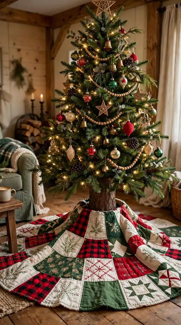 Handmade quilted patchwork Christmas tree skirt in red green and cream fabrics with stitching around a traditional Christmas tree