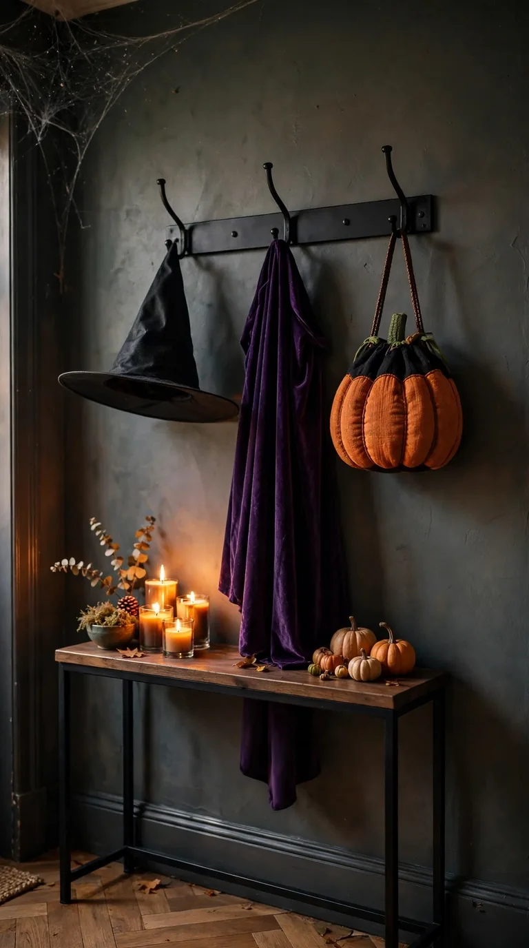 Entryway coat hooks styled with witch hat and cape for Halloween
