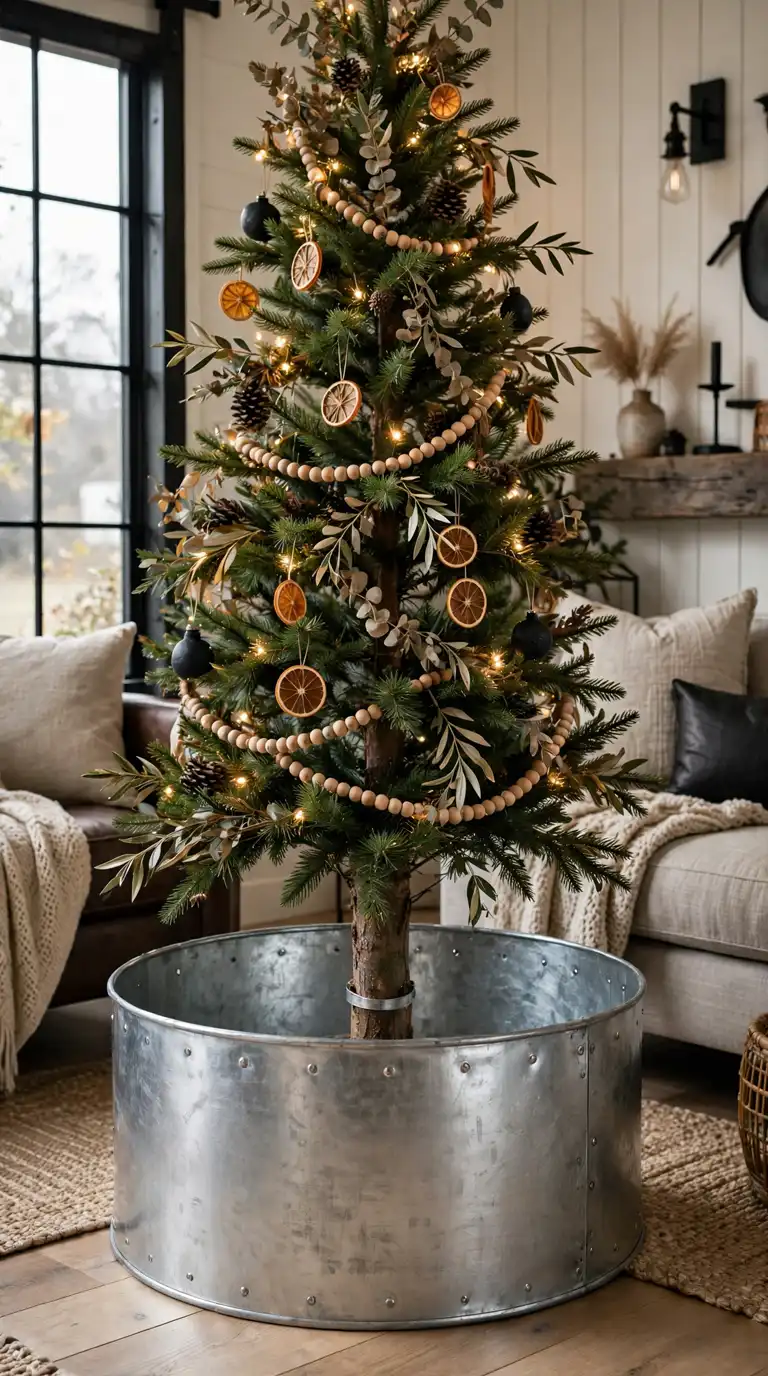 Round galvanized metal tree collar in brushed silver zinc finish holding a decorated tree in a modern farmhouse living room
