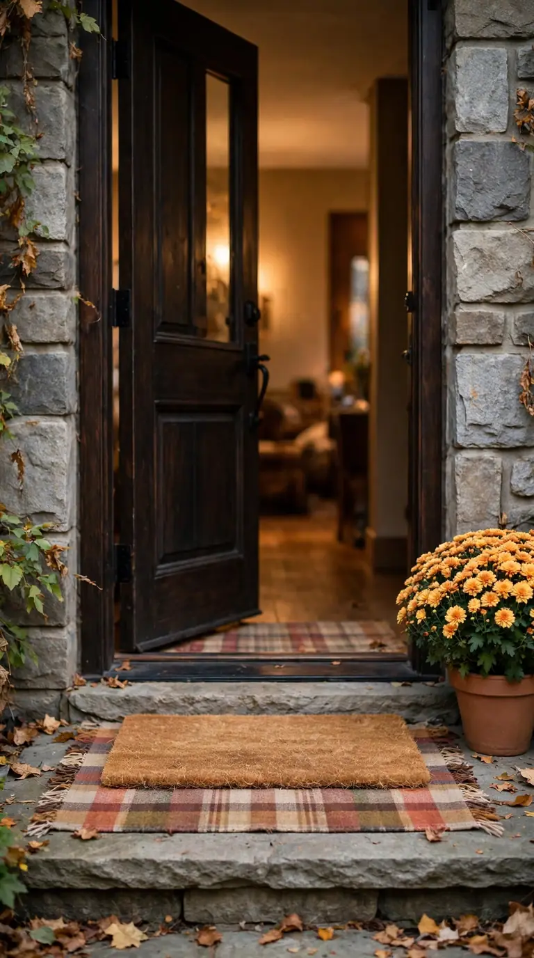 thanksgiving porch decor with a layered doormat and outdoor rug combination