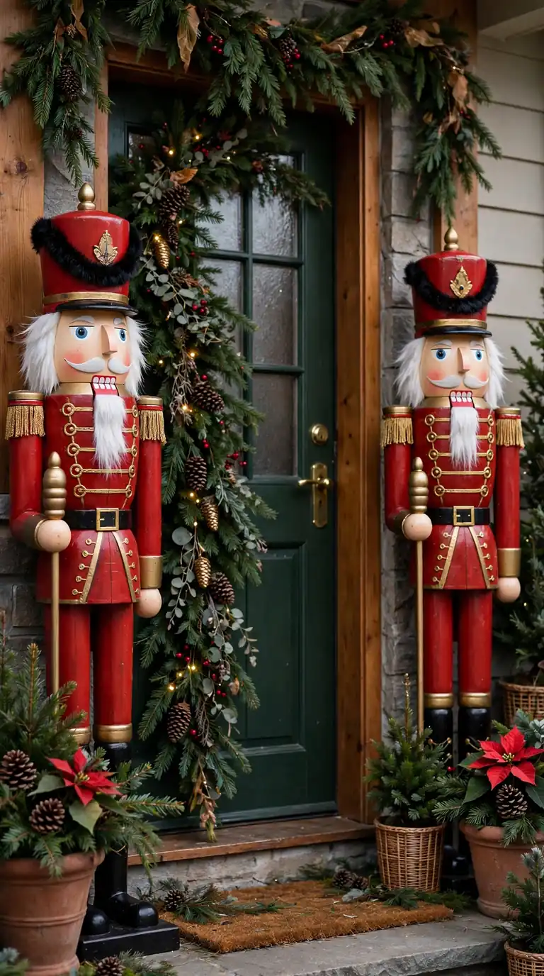 17 Christmas Front Door Decor Ideas That Welcome Guests Warmly Pair of red and gold nutcracker soldiers beside Christmas front door