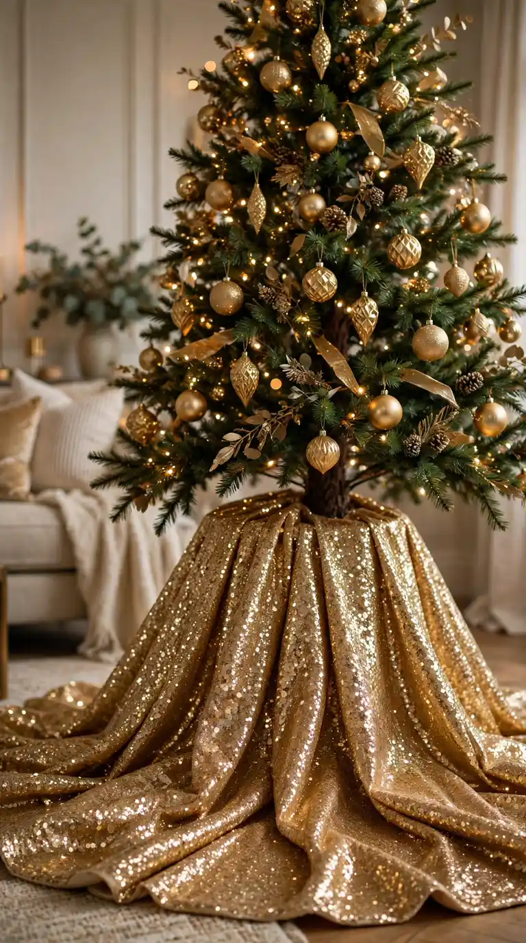 Shimmering gold sequin Christmas tree skirt catching the light beneath a tree with gold ornaments in an elegant living room
