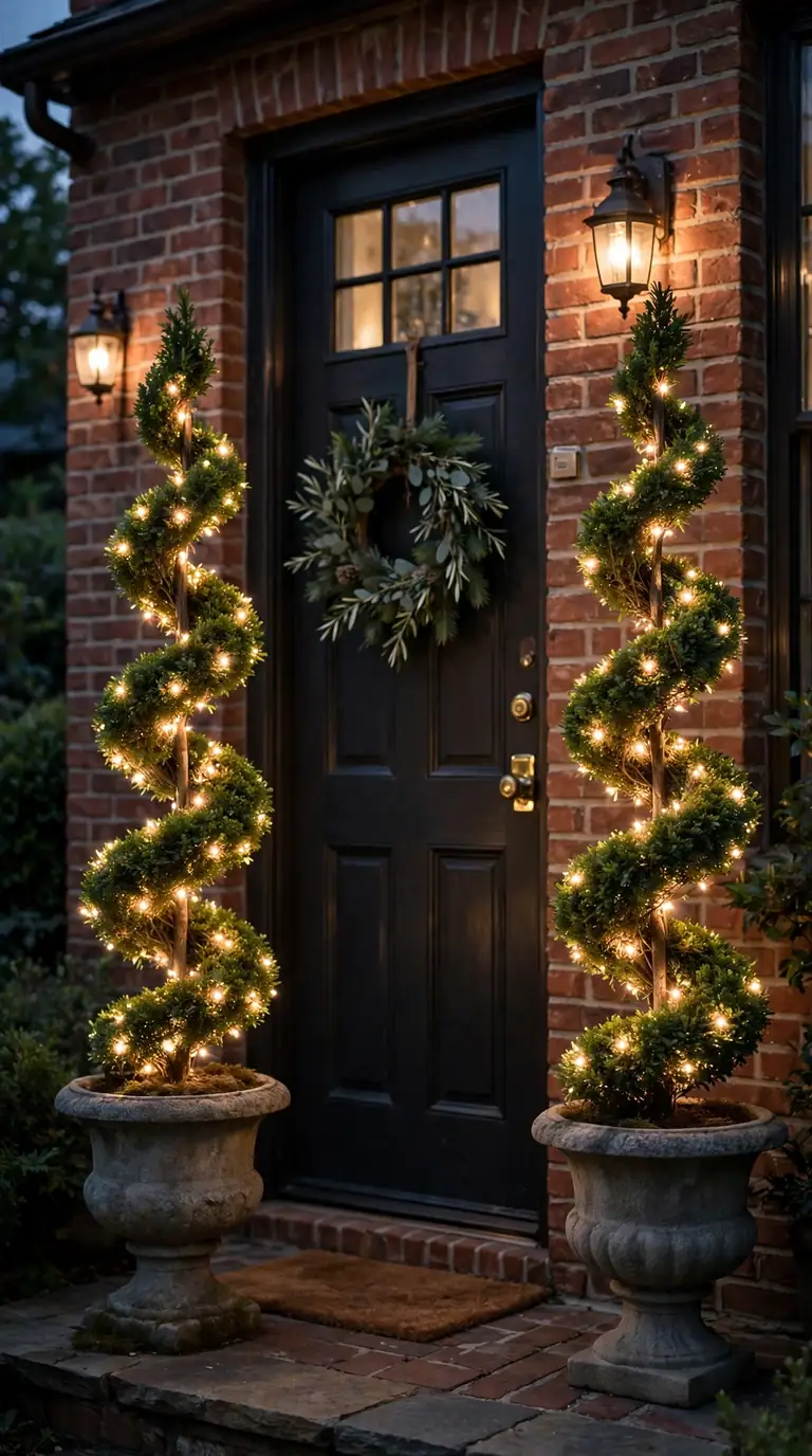 17 Christmas Front Door Decor Ideas That Welcome Guests Warmly Pre lit spiral topiary trees in urns at Christmas front door