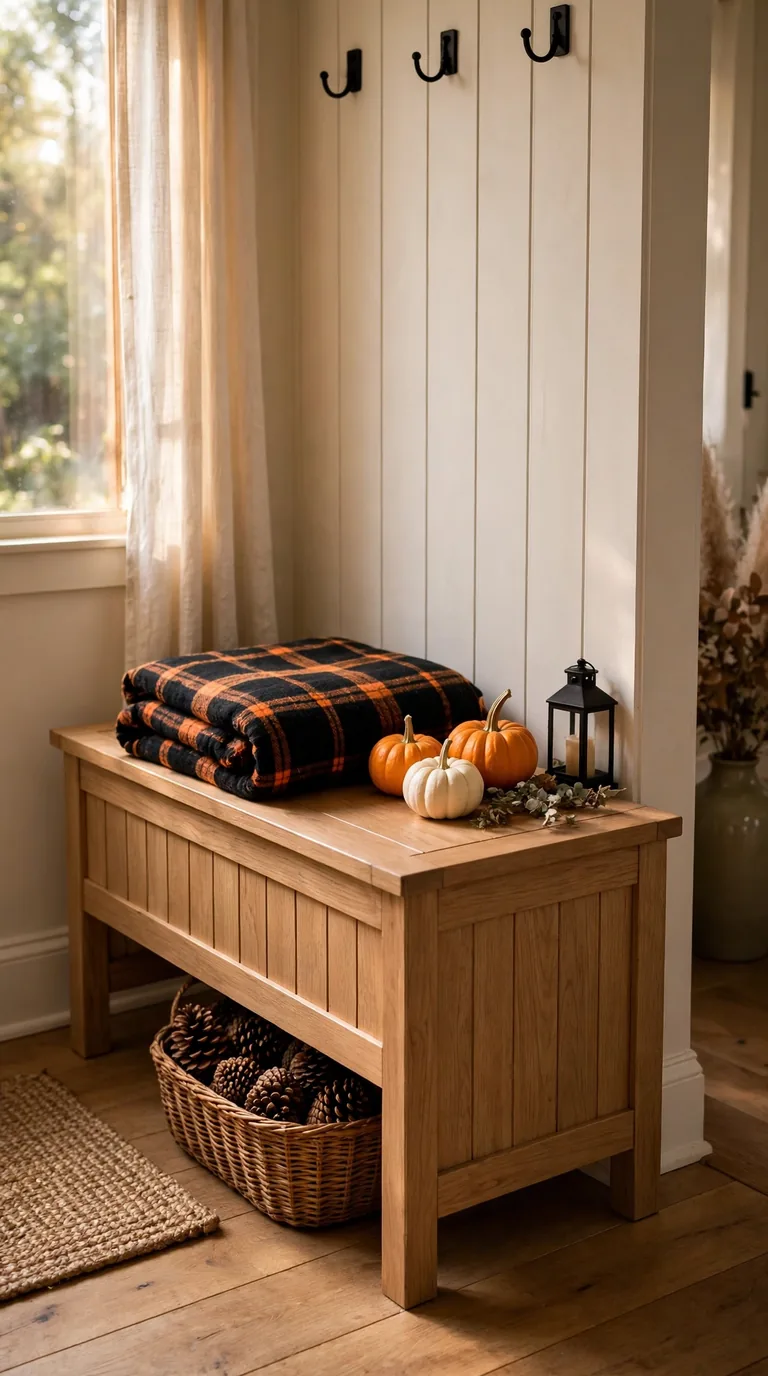 Storage bench styled with plaid throw and pumpkins for Halloween