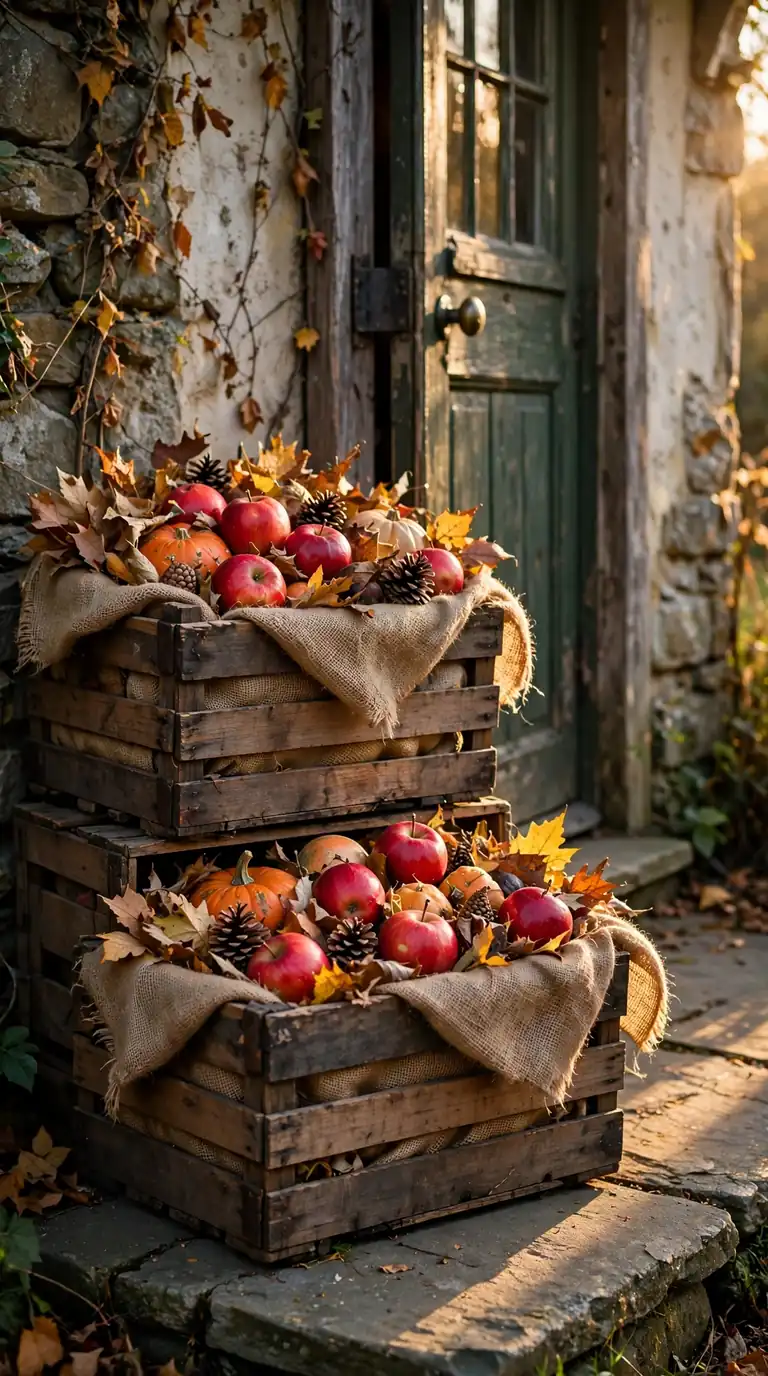 autumn porch decor ideas with vintage wooden crates of apples and pumpkins