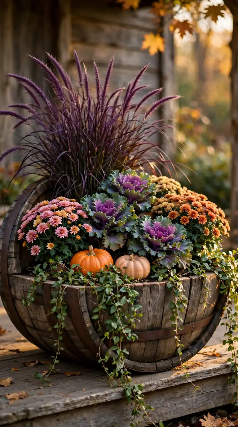 Half whiskey barrel planter with mums, grasses and pumpkins on a rustic porch