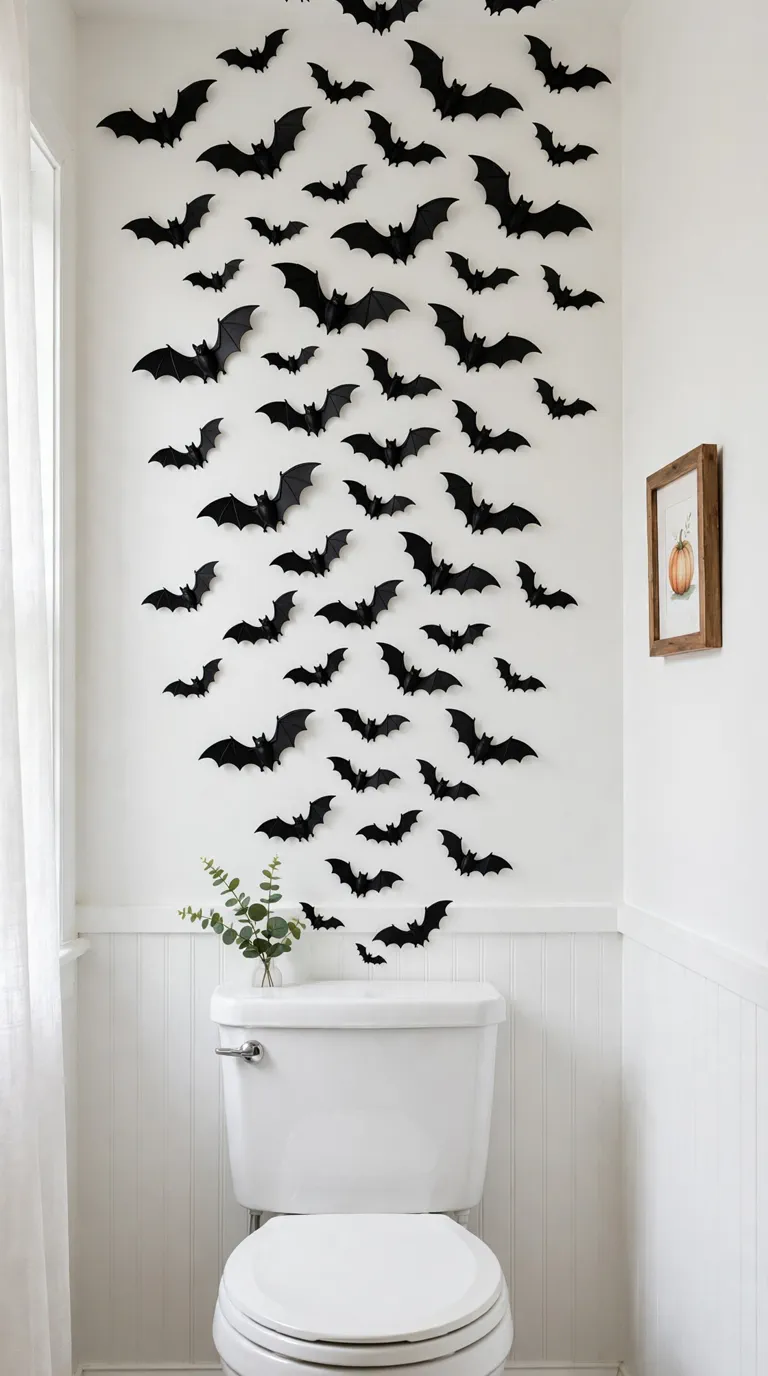 Black 3D bat wall decals swarming up a bathroom wall