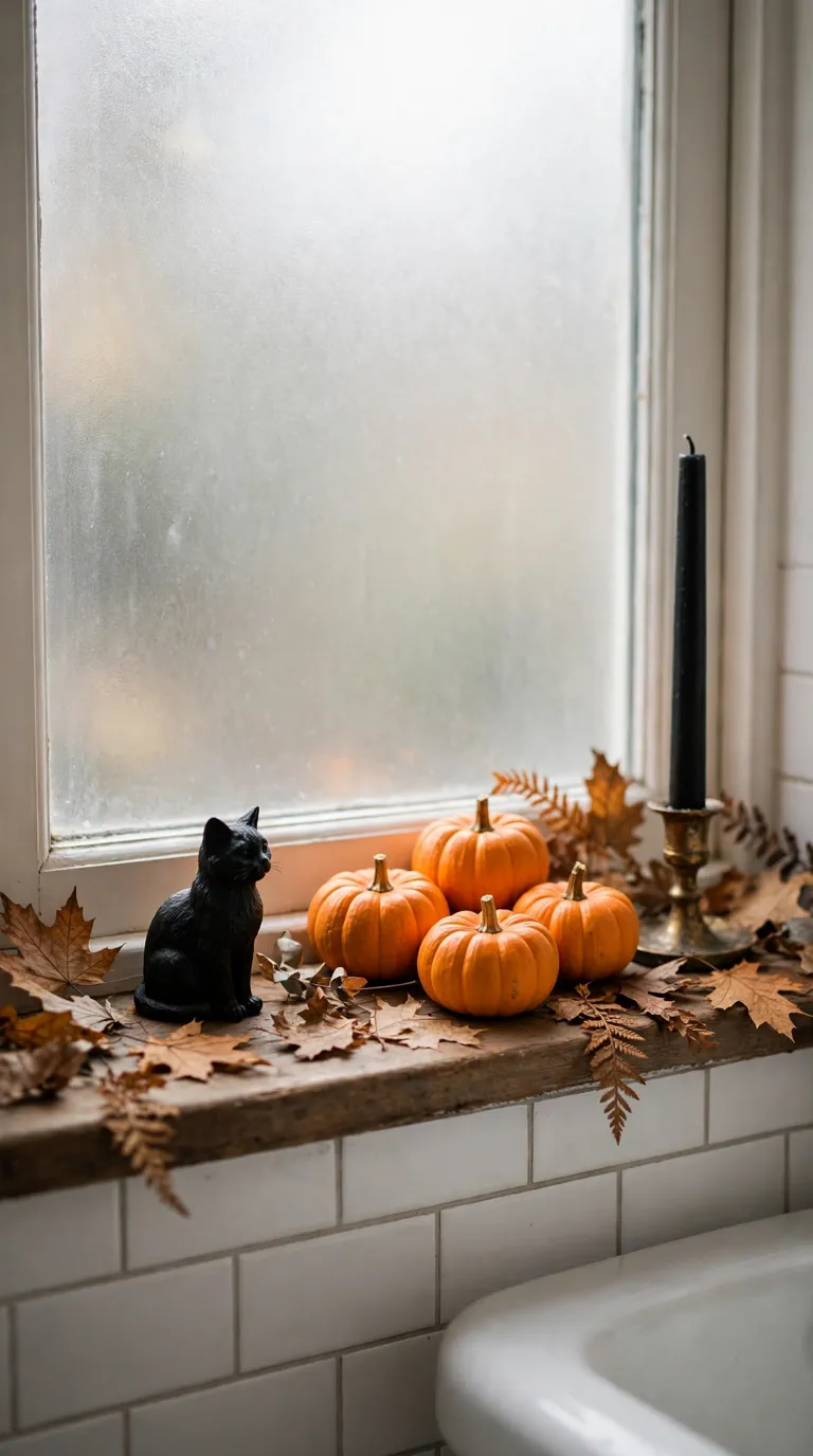 Halloween windowsill vignette with black cat figurine and mini pumpkins