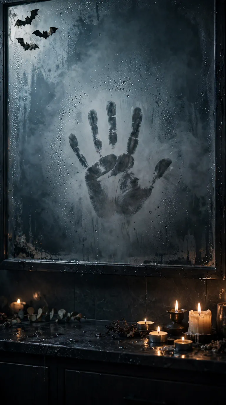 Handprint wiped in a steamed bathroom mirror with bat decals, creepy bathroom ideas