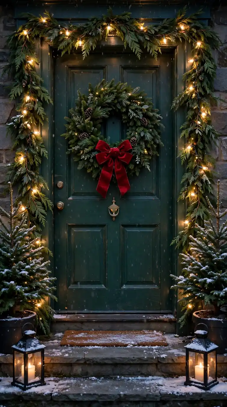 17 Christmas Front Door Decor Ideas That Welcome Guests Warmly Welcoming Christmas front door with evergreen wreath garland and lanterns