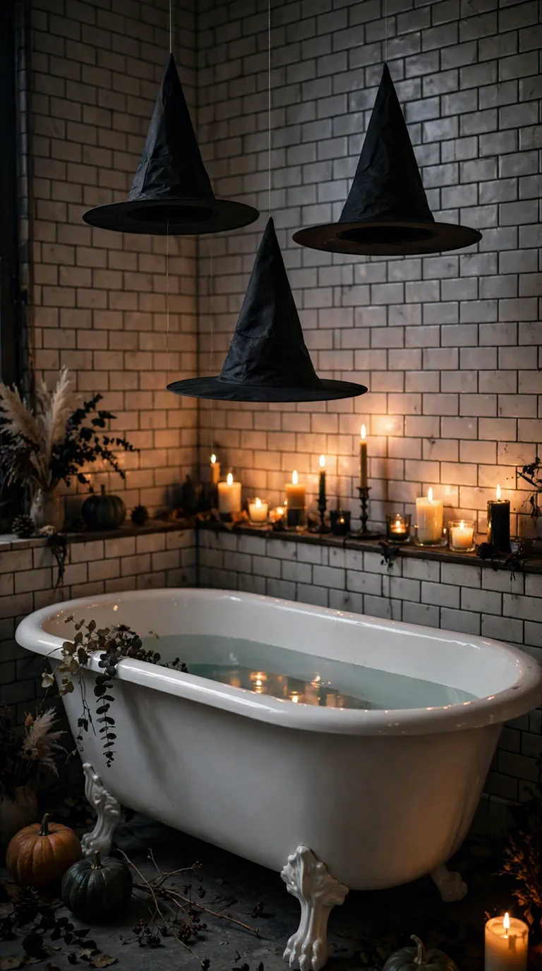 Black witch hats floating above a bathtub on invisible threads