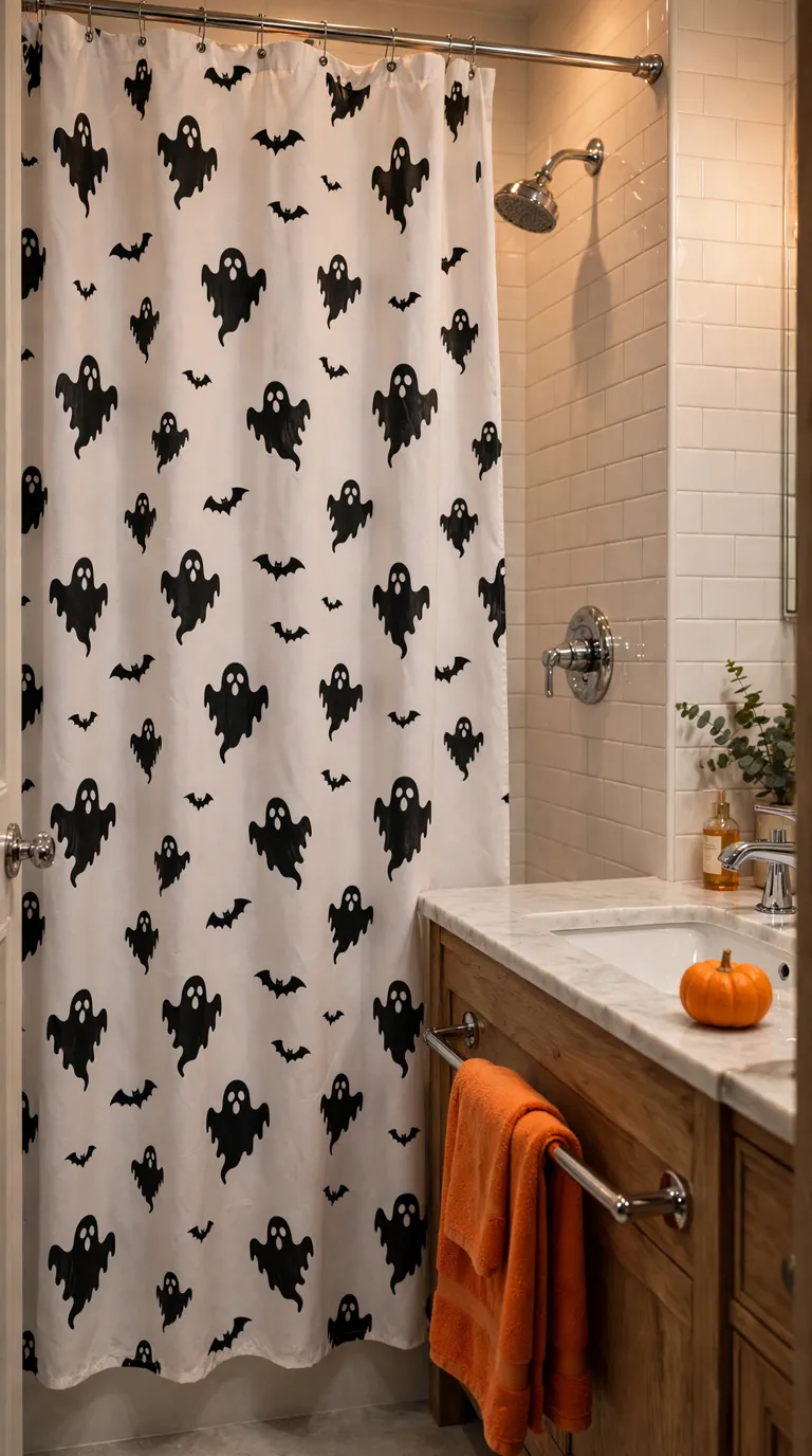 White shower curtain with black ghost and bat print, halloween shower curtain decor