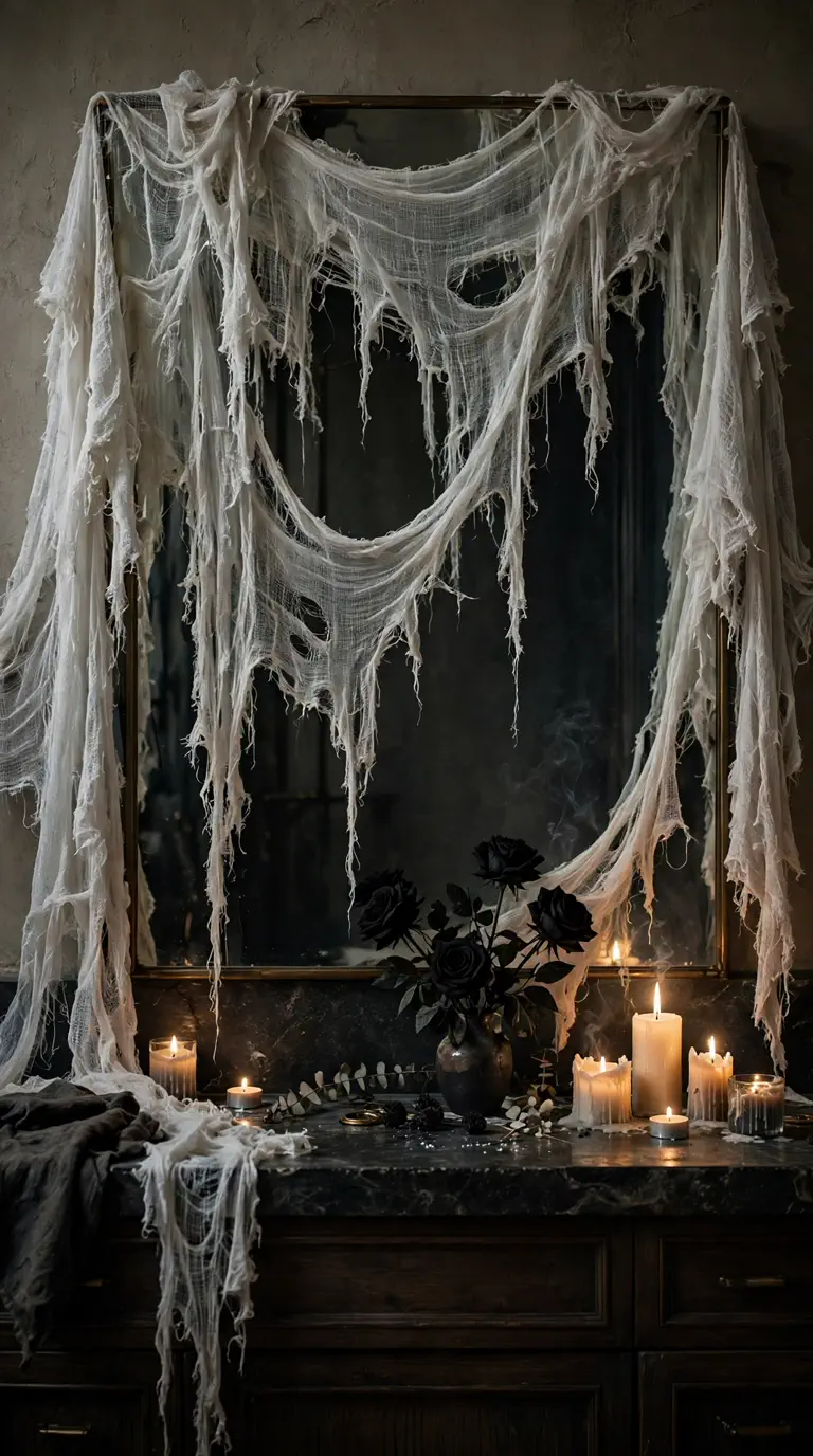 Tattered white gauze draped over a bathroom mirror and vanity