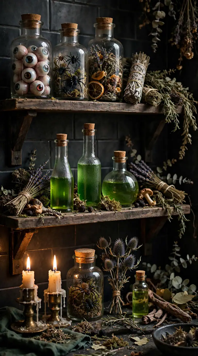 Halloween apothecary jars with potions and fake eyeballs on bathroom shelves