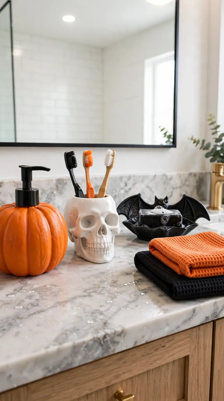 Pumpkin soap dispenser, skull toothbrush holder and bat soap dish, spooky bathroom decorations