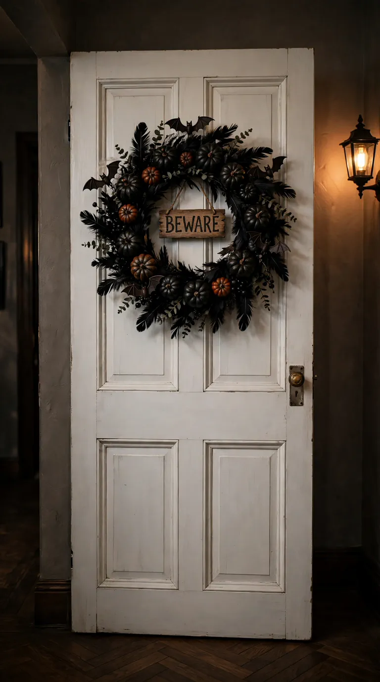 Black Halloween wreath with BEWARE sign on a bathroom door