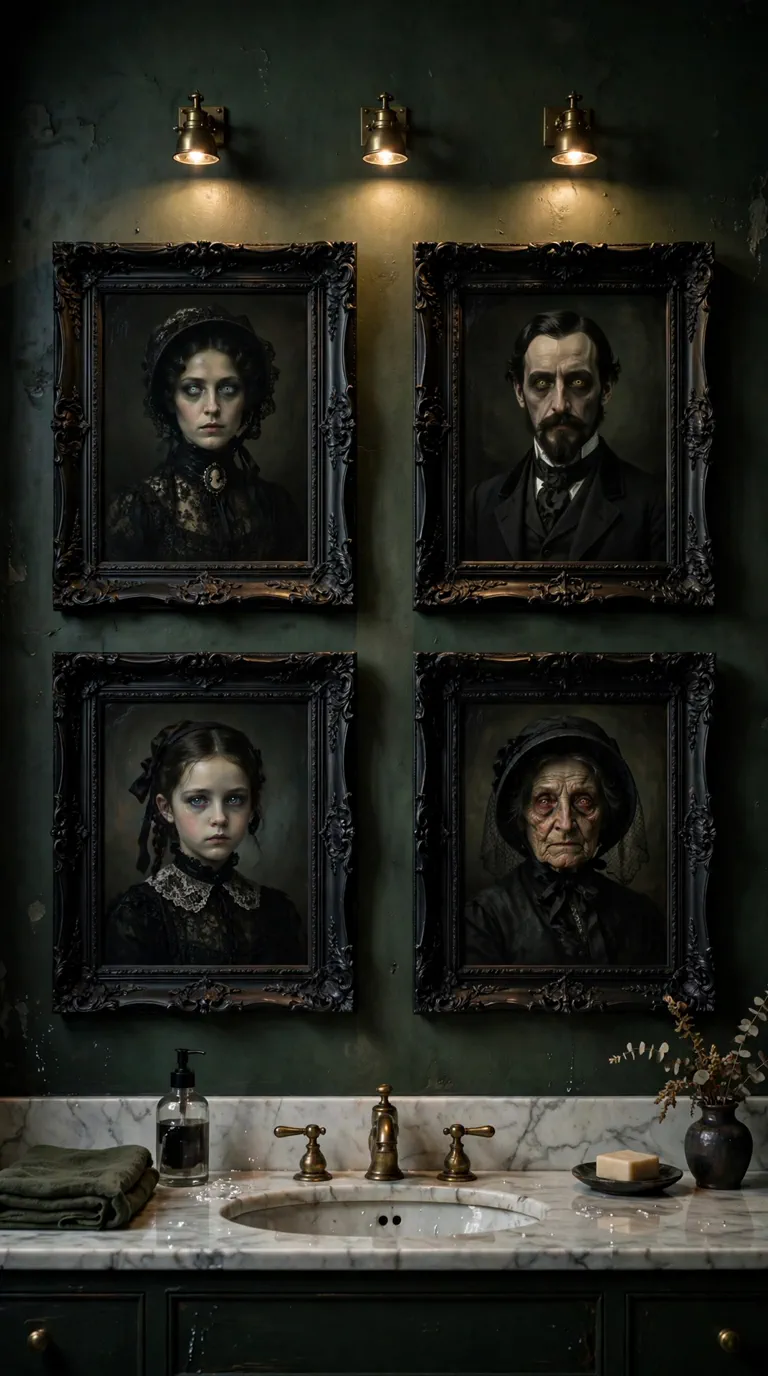 Haunted portrait gallery wall with vintage spooky portraits in black frames