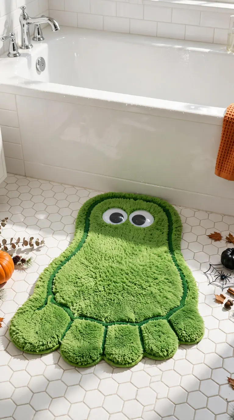 Green monster feet bath mat with googly eyes in front of a bathtub