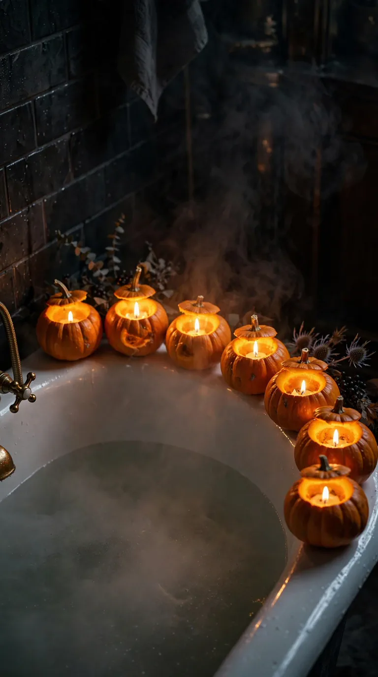 Hollowed pumpkins with candles glowing around a bathtub