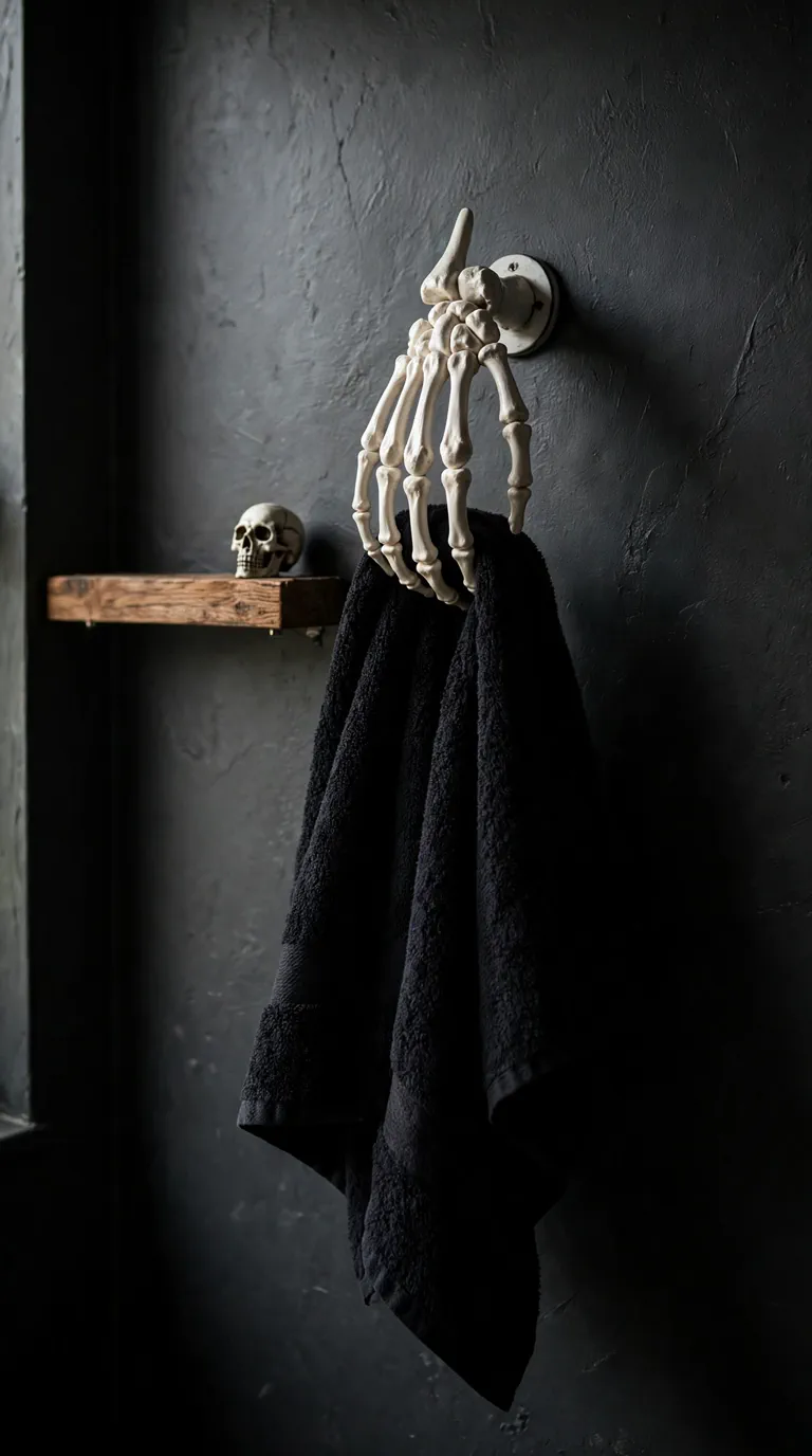 Skeleton hand towel ring holder with black towel, spooky bathroom decorations