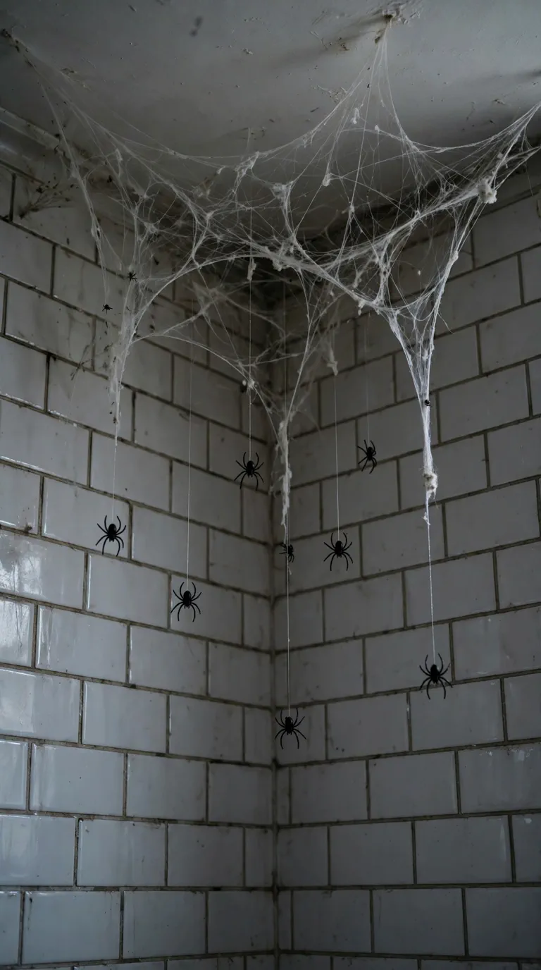 Spider web Halloween decorations with hanging spiders in a bathroom corner