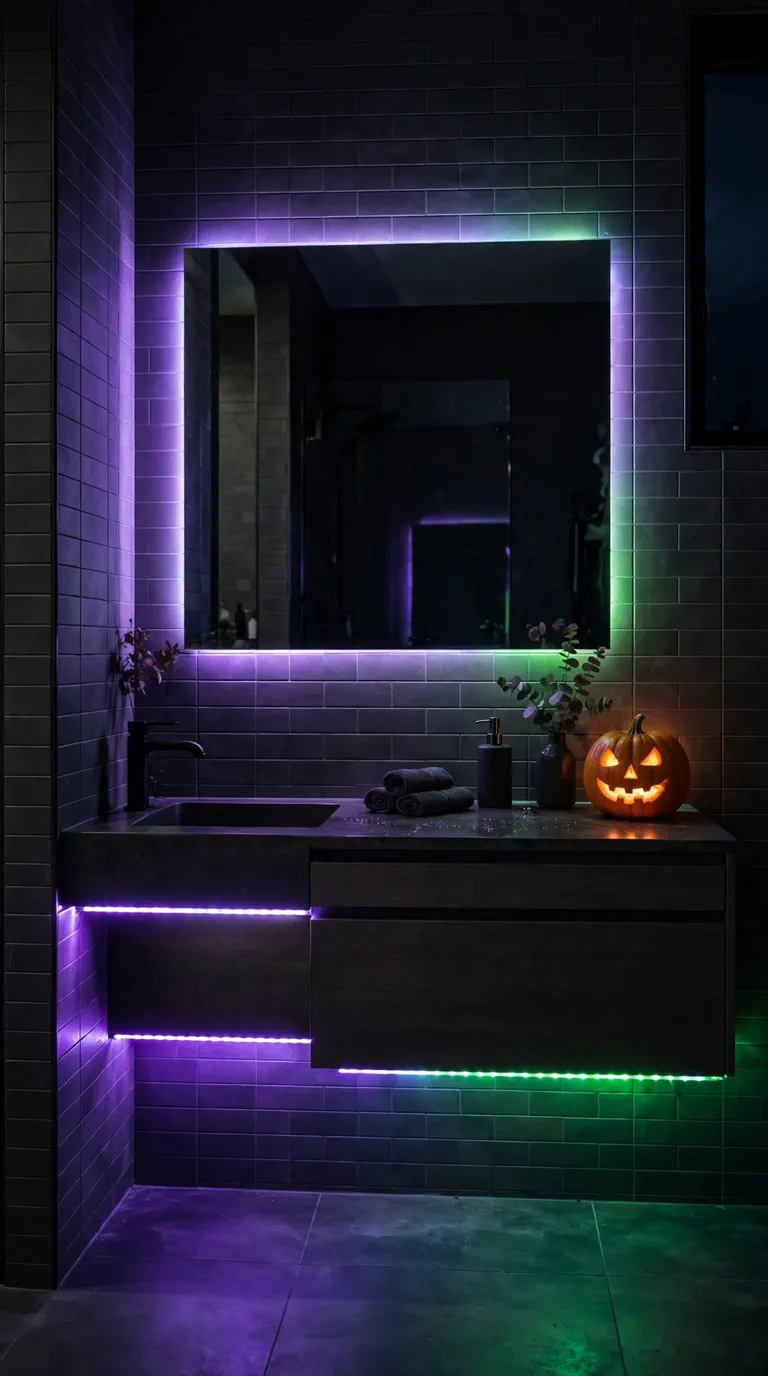 Bathroom with green and purple LED lighting, halloween bathroom decor