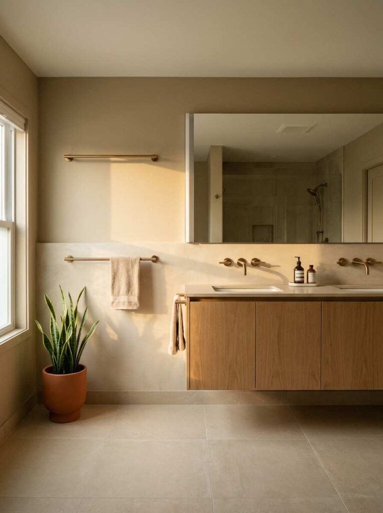20 Bathroom Ideas 2026 A warm-toned bathroom with walls painted in a soft sandy tan color inspired by Sherwin-Williams Universal Khaki.