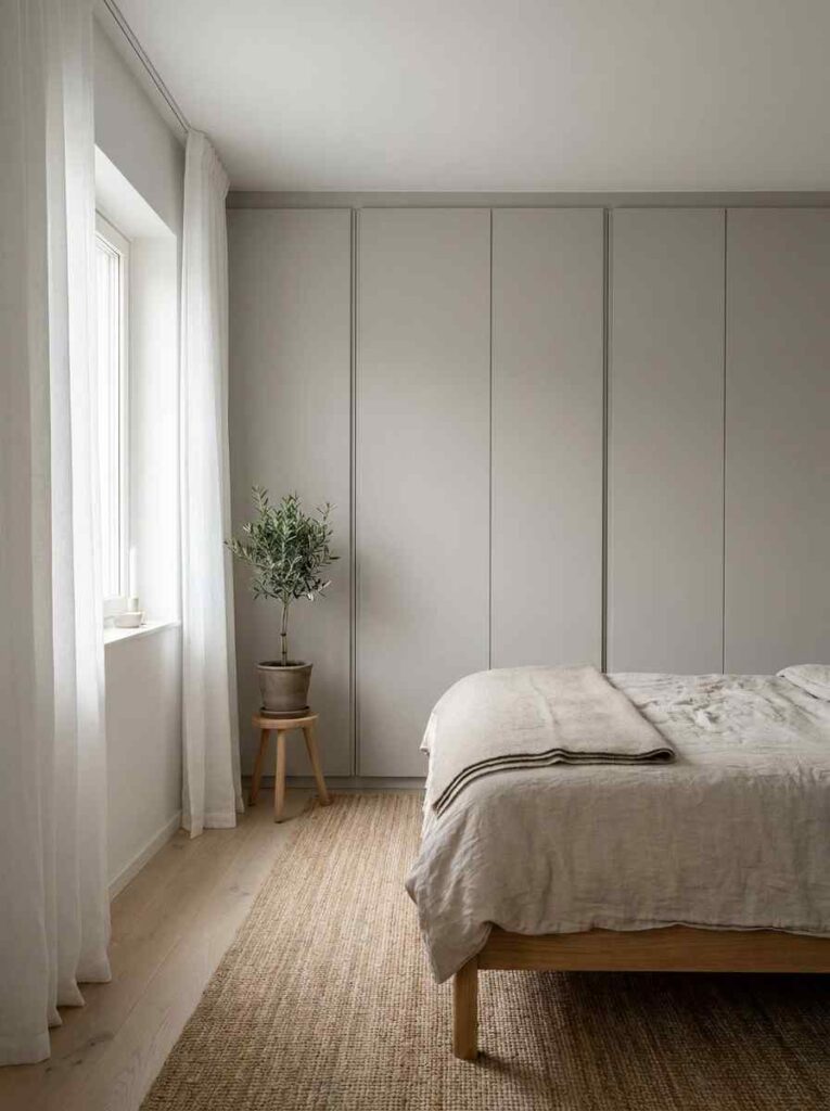 A small master bedroom with a slim wall-to-wall built-in wardrobe in warm light grey. 