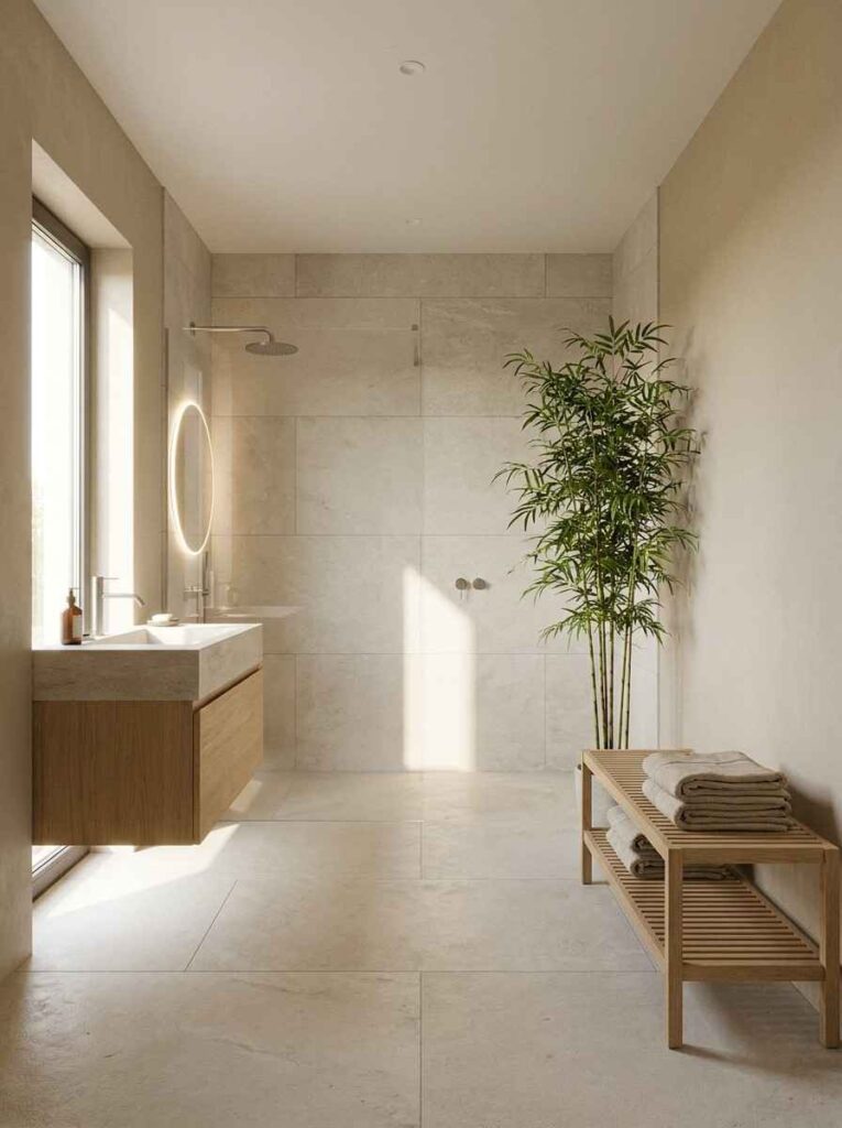 20 Bathroom Ideas 2026 A serene Japandi-style wet room bathroom photographed from a wide angle.