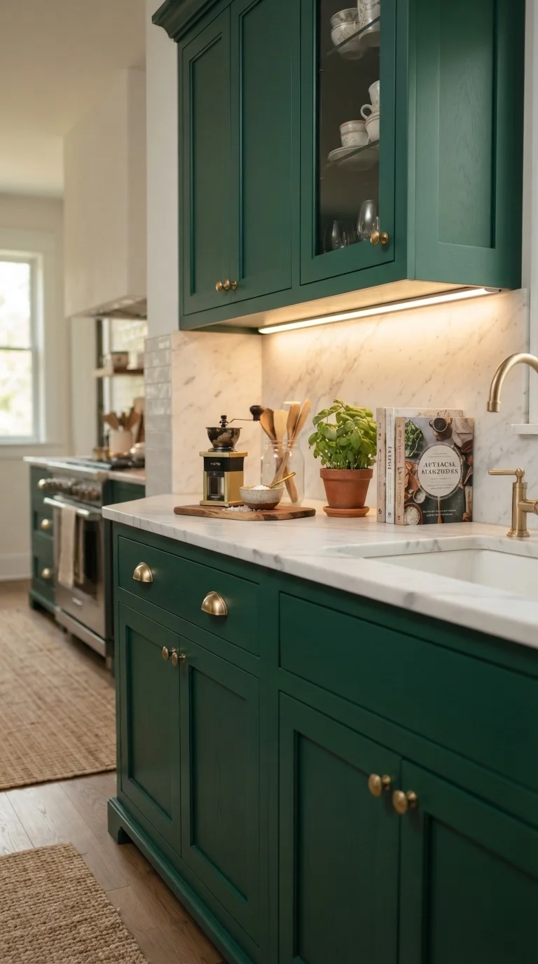 11 green kitchen ideas 2026 emerald teal 1. Dramatic Emerald Cabinetry with Brass Accents