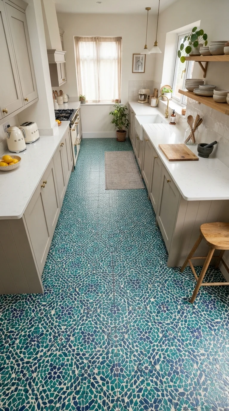 11 green kitchen ideas 2026 emerald teal 10. Teal Mosaic Tiled Flooring