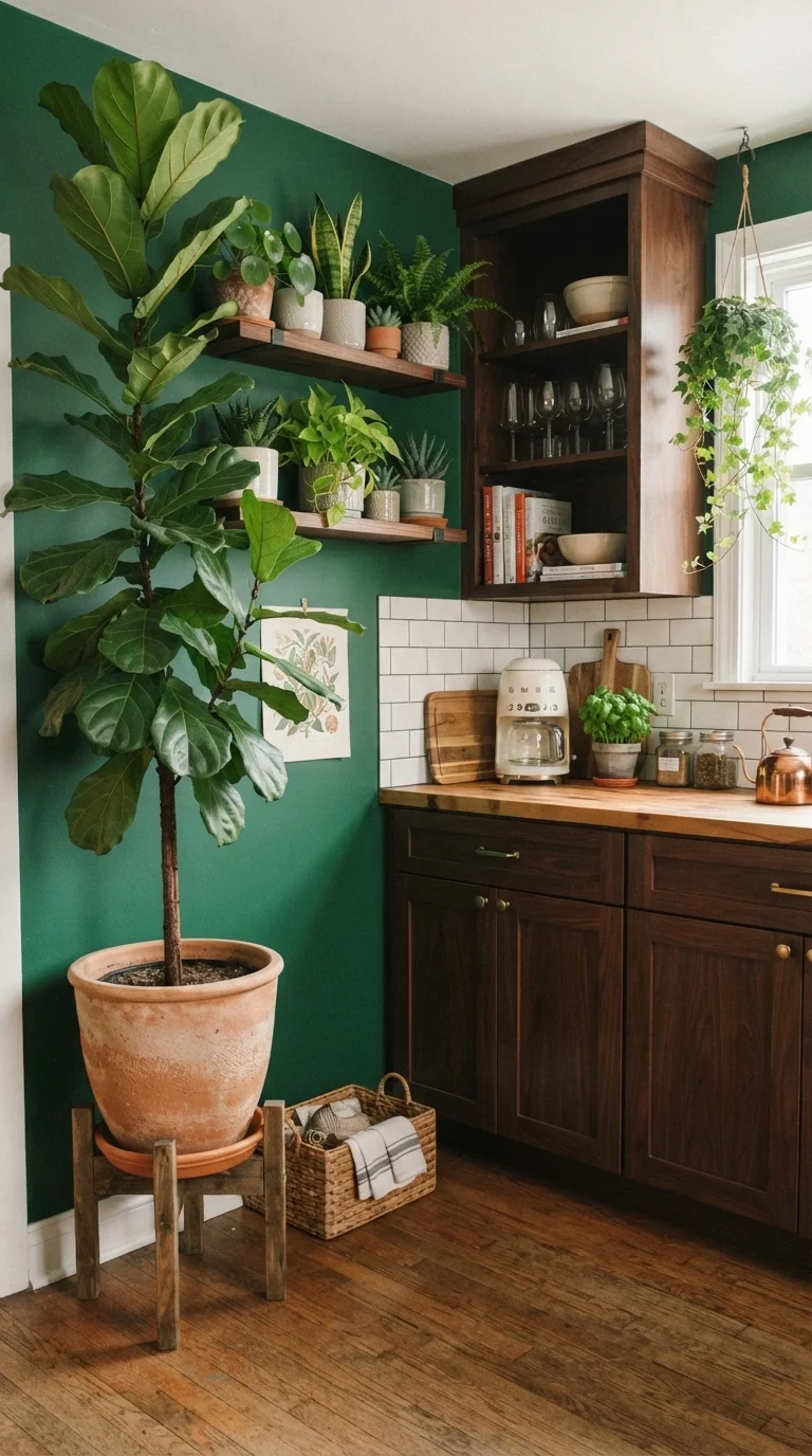 11 green kitchen ideas 2026 emerald teal 11. Botanical Greenery and Emerald Walls
