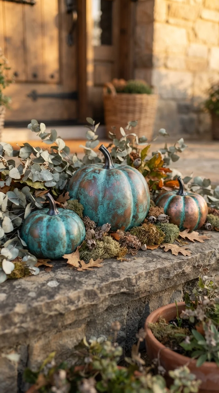 2. Aged Copper-Finish Faux Pumpkins