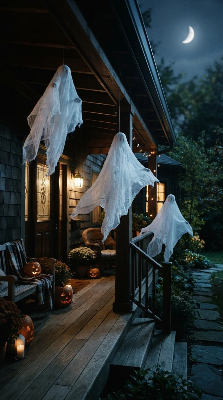 10 scary halloween porch decorations 2025 ideas 3. The Levitating Ghost Installation