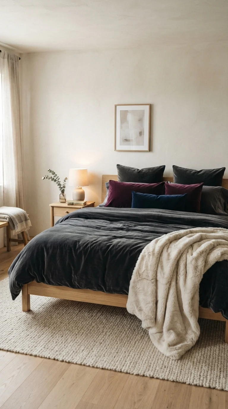 3. Velvet Bedding and Dark Throw Pillows