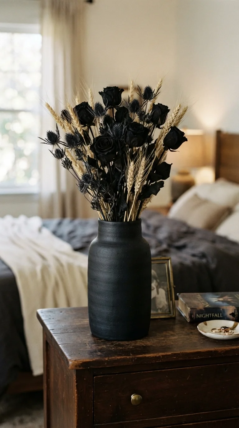 4. Dried Floral Arrangements in Dark Vases