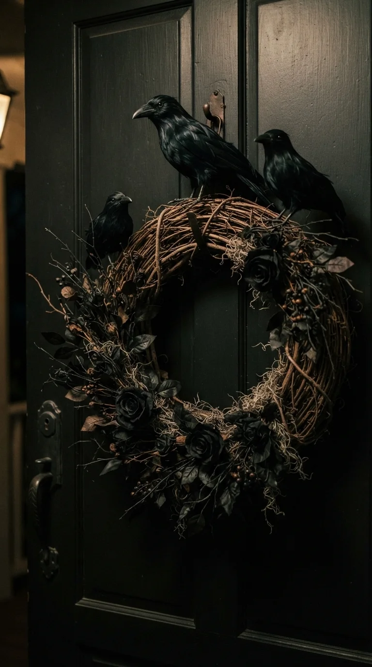 10 scary halloween porch decorations 2025 ideas 5. Raven-Infested Wreath Displays