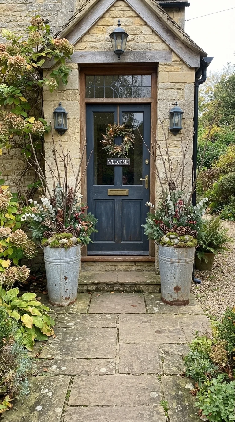 6. Foraged Woodland Accents in Galvanized Buckets