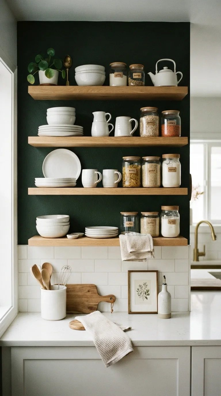 11 green kitchen ideas 2026 emerald teal 6. Open Shelving with Green Painted Backing