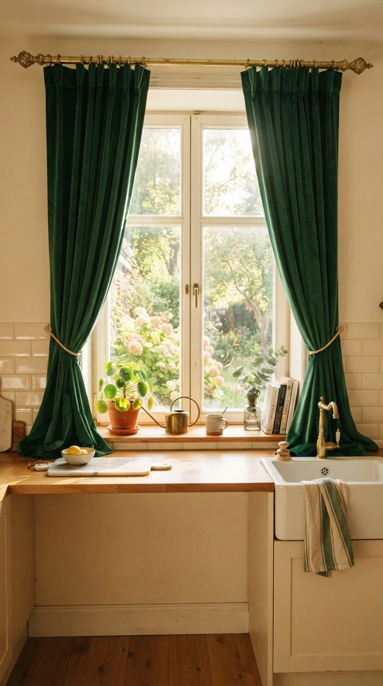 11 green kitchen ideas 2026 emerald teal 7. Emerald Green Velvet Window Treatments