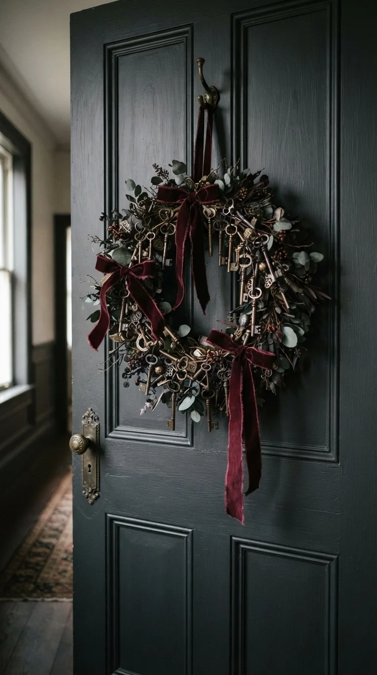 1. Antique Brass Key and Velvet Ribbon Wreath