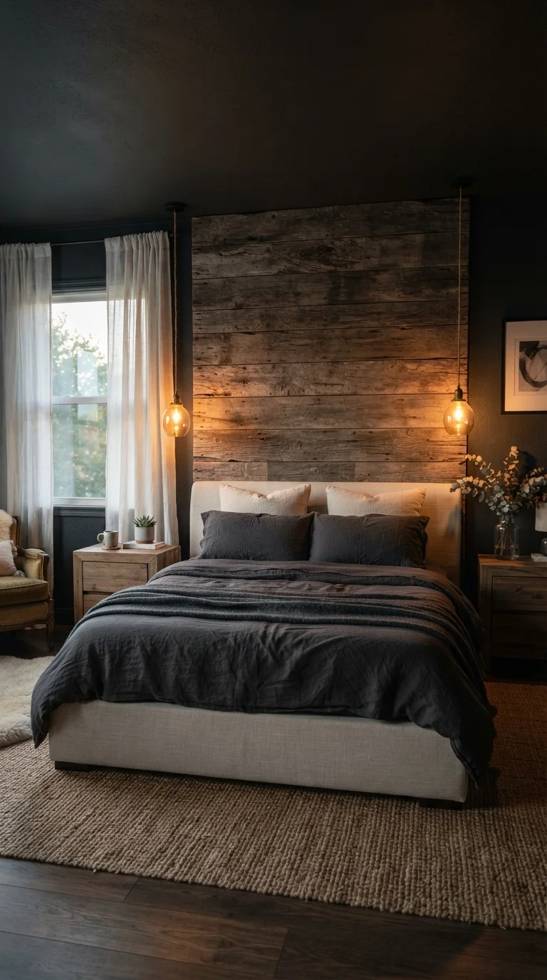 1. Charcoal Walls and Raw Reclaimed Wood