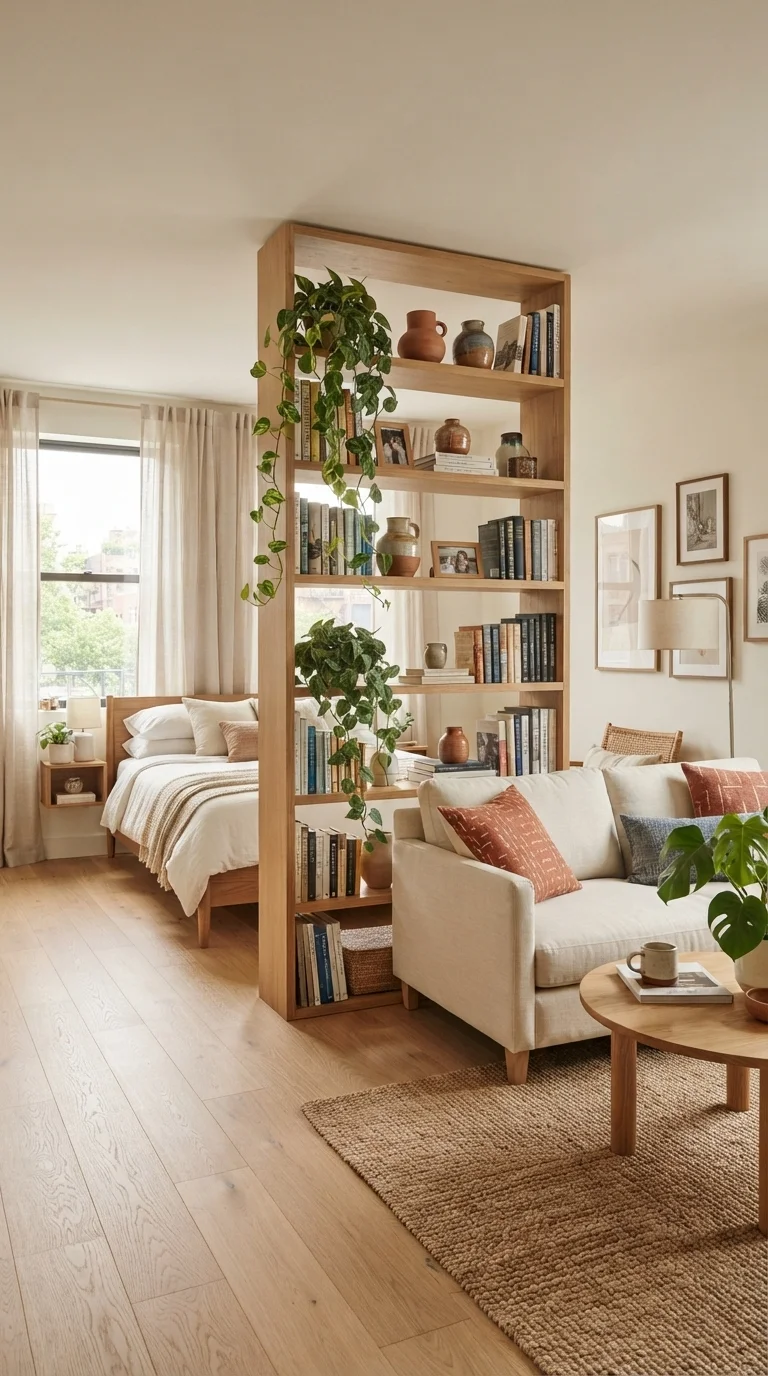 9 Apartment Makeover Ideas 2026 Studio 1. Defining Zones with Open Shelving