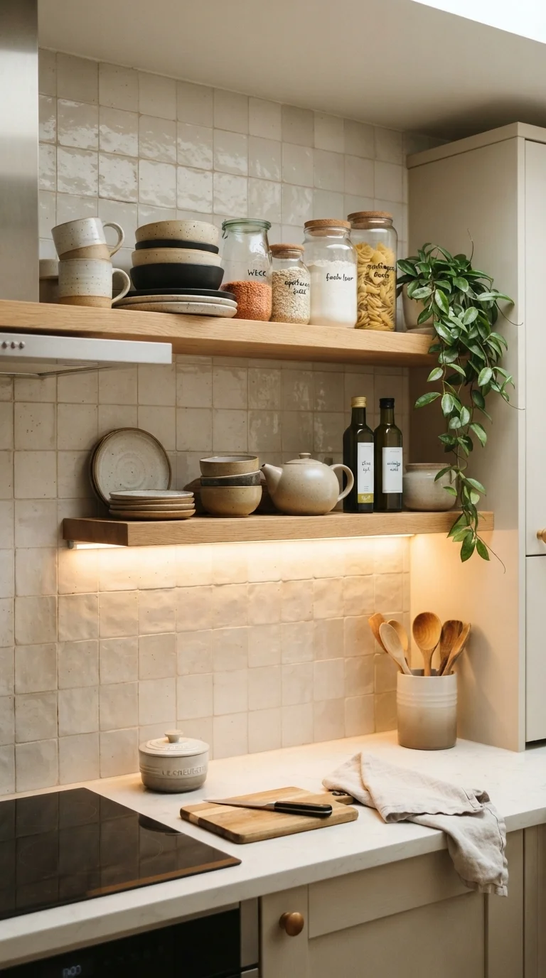 1. Floating Shelves with Task Lighting