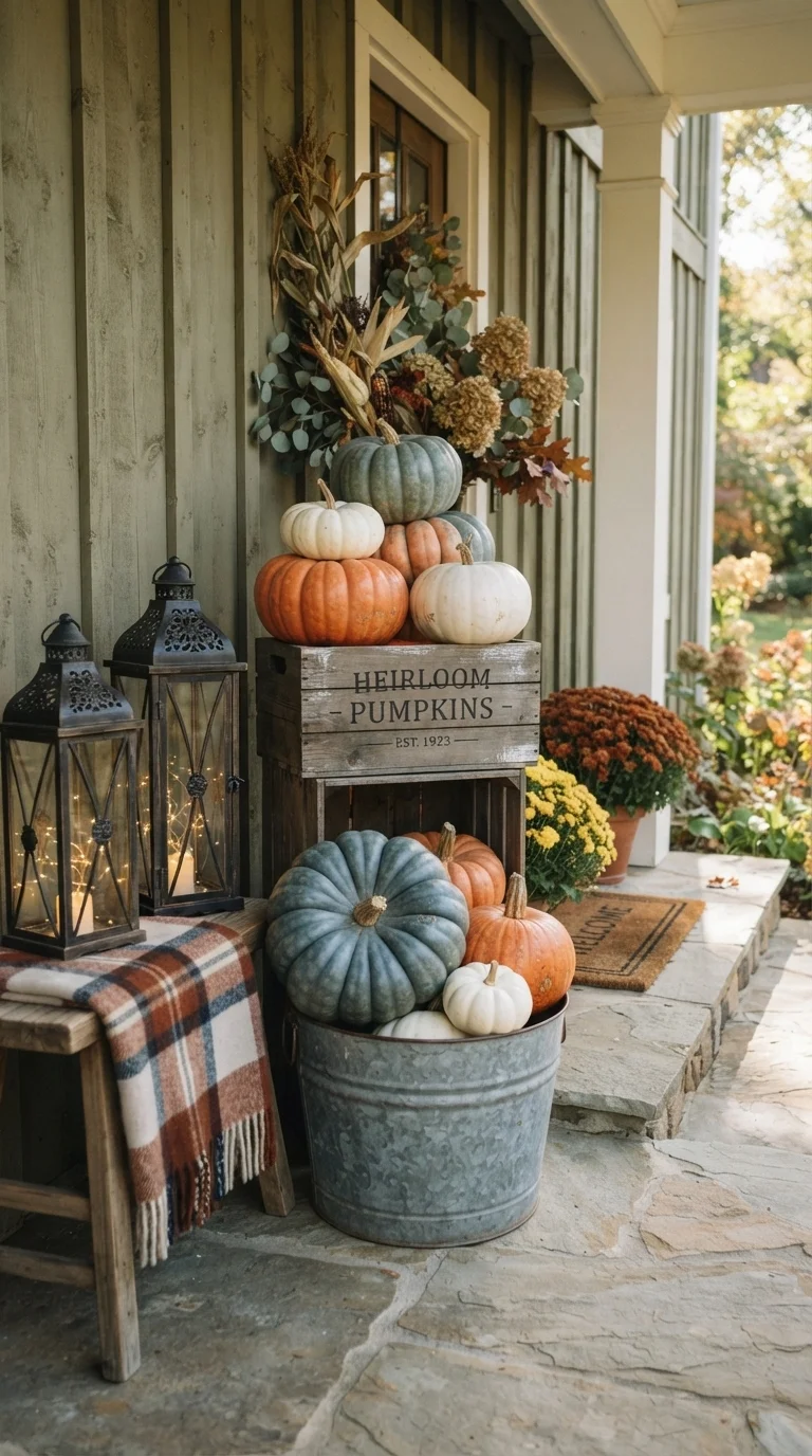 10 Fall Porch Decorating Ideas 2026 with Pumpkins, Wreaths & Rustic Decor 1. Heirloom Pumpkin Stacks for Visual Height