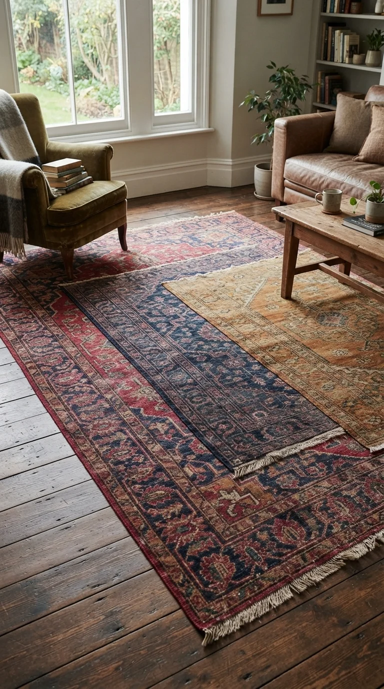 12 Boho Living Room Ideas 2026 Vintage 1. Layered Persian Rugs for Grounded Warmth