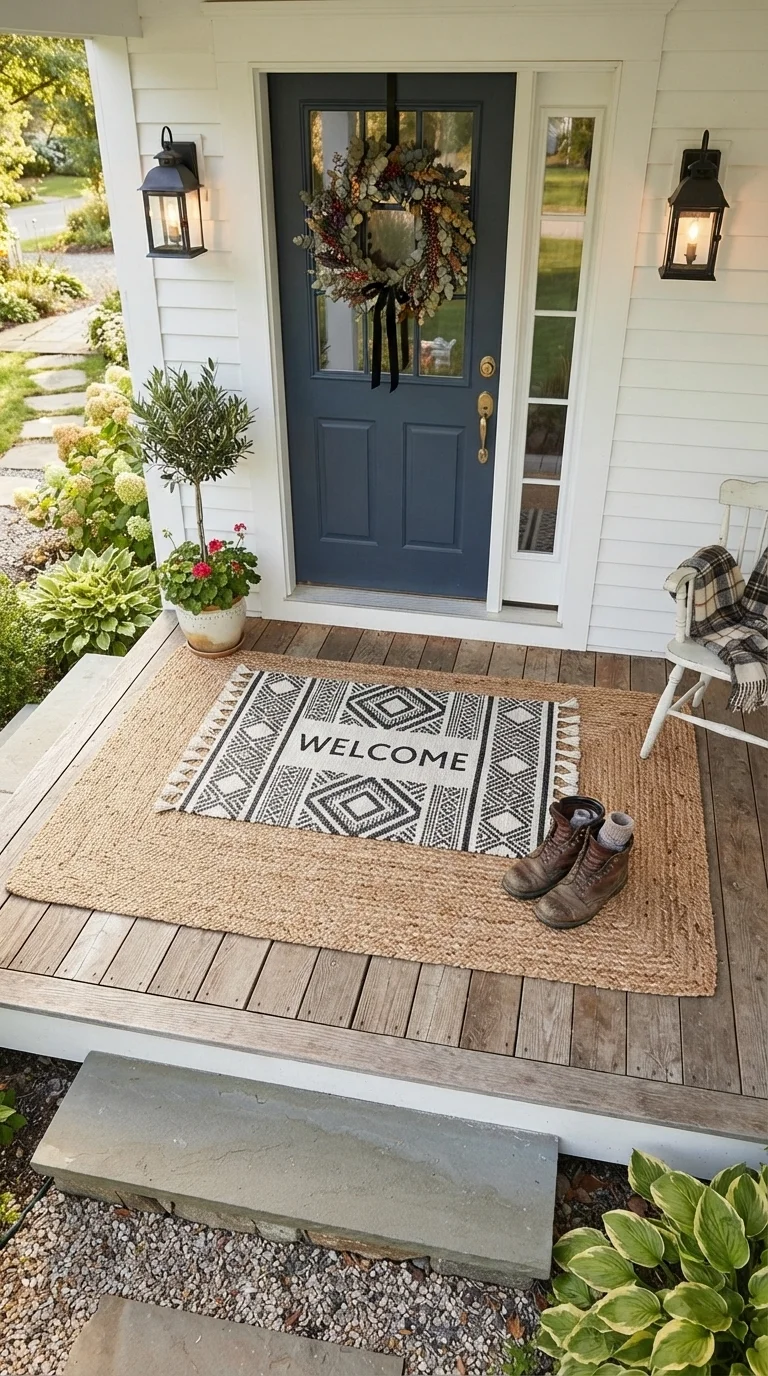 10 Fall Porch Decor Ideas 2026 1. Layered Textures with Natural Fiber Rugs